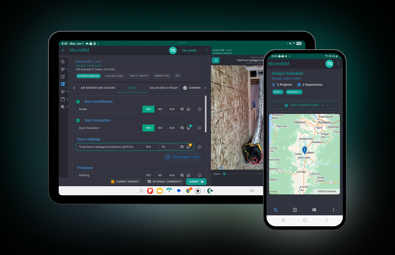 MoonBIM tablet and phone field inspections view