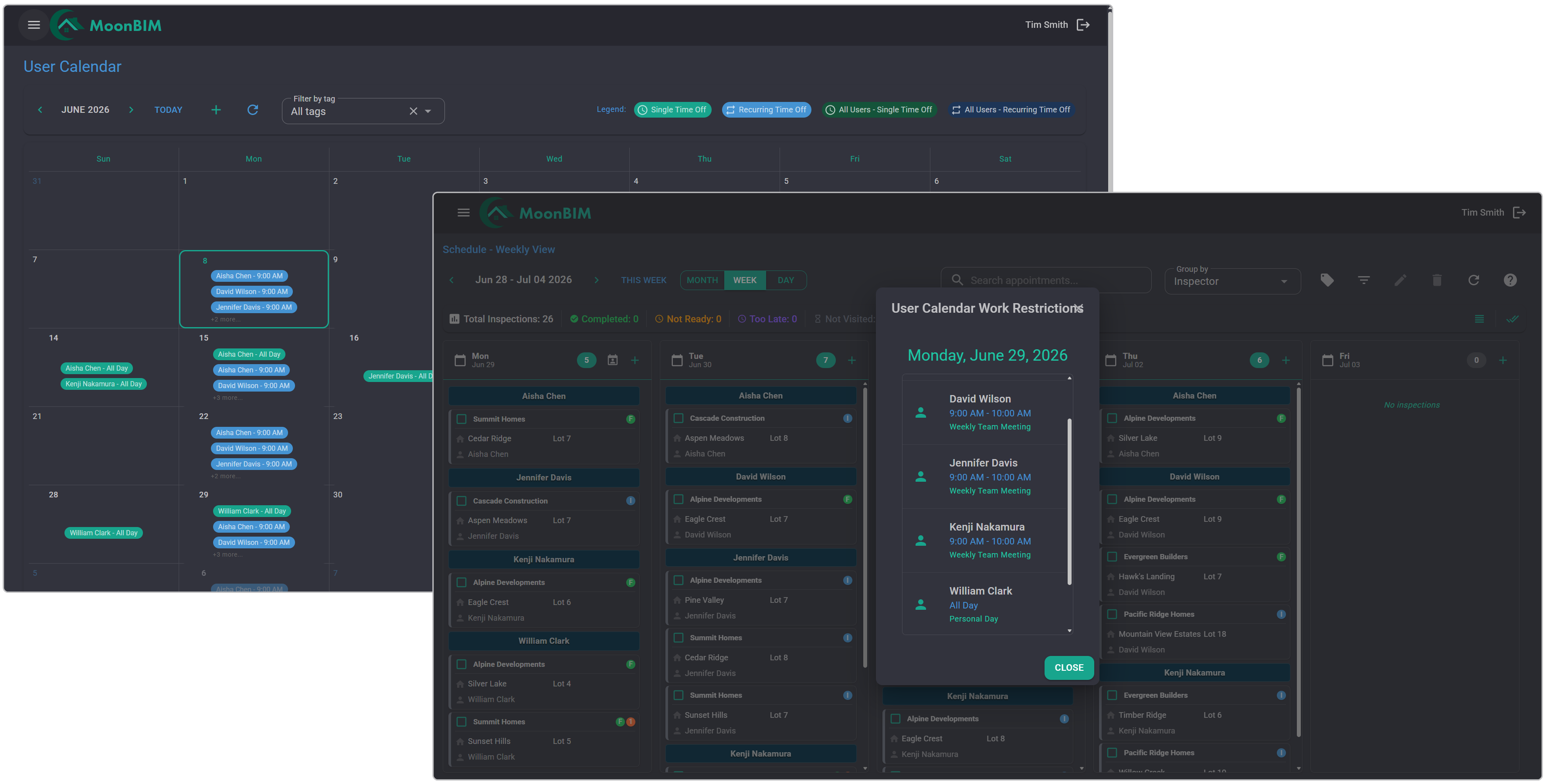 MoonBIM scheduling conflict detection showing calendar views with inspector availability and work restrictions.